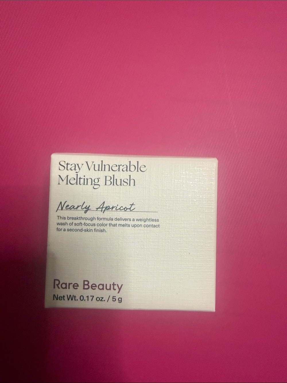Rare Beauty Stay Vulnerable Melting Blush — Nearly Apricot (pink background)